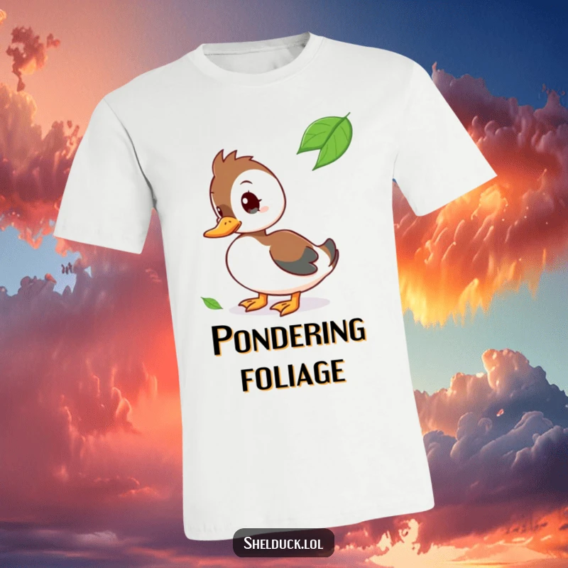Funny T-Shirt of a shelduck character looking curiously at a floating leaf, head tilted.