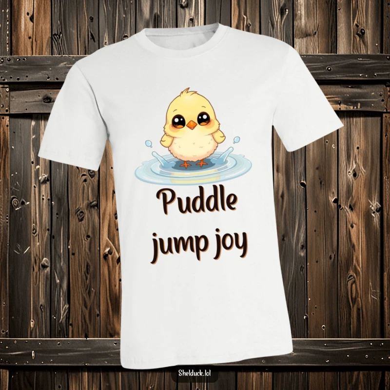 Funny t-shirt showing a small, fluffy bird with huge, curious eyes gleefully splashing water in a puddle, expressing pure joy.