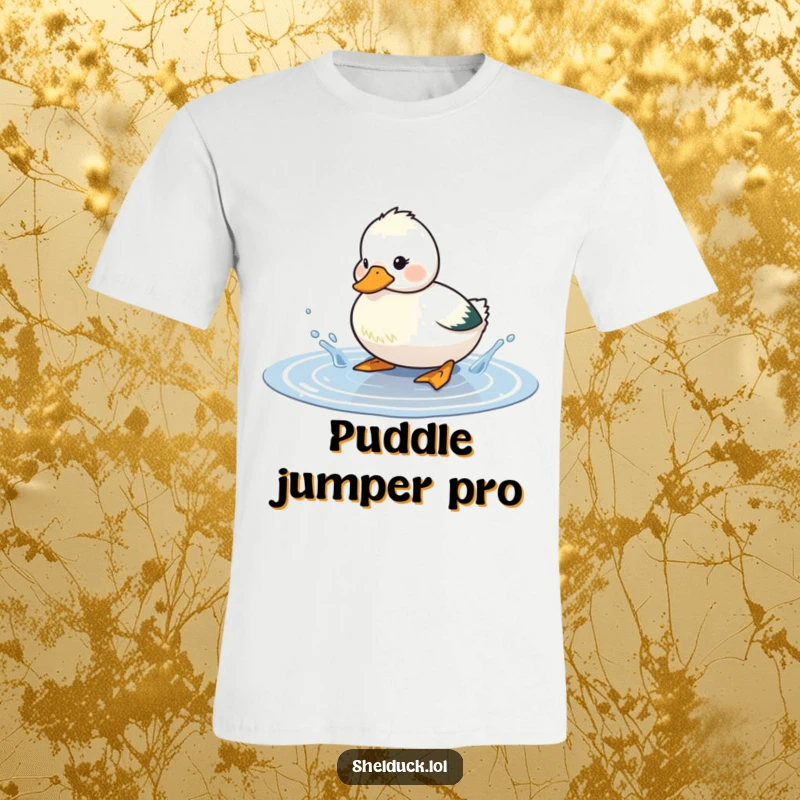 Funny shelduck t-shirt depicting a cute bird playfully splashing water in a puddle, conveying a sense of carefree fun and joy