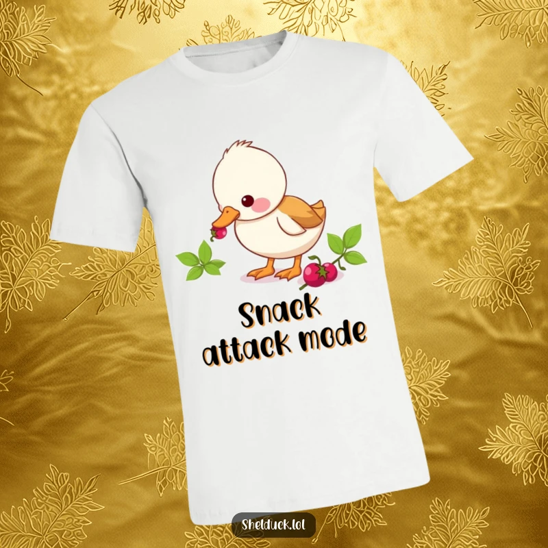 Funny shelduck t-shirt featuring a cute duck character intently pecking at a berry, highlighting its focus on delicious food.