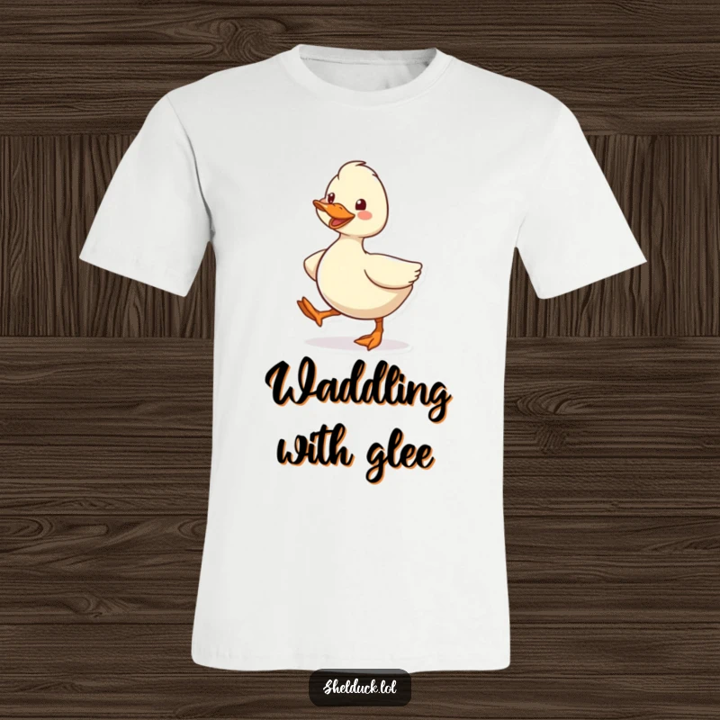 Funny Shelduck T-Shirt, featuring a cute cartoon bird character waddling energetically with a big happy grin, ideal for casual wear.