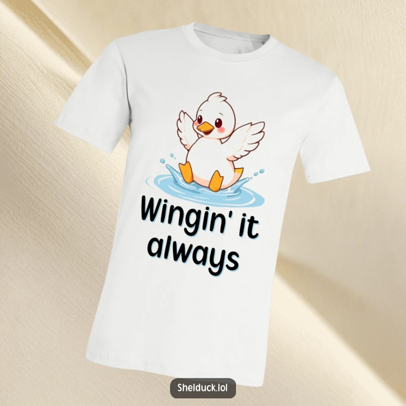 Funny shelduck t-shirt featuring a bird humorously splashing water with its wings, showcasing playful water antics.