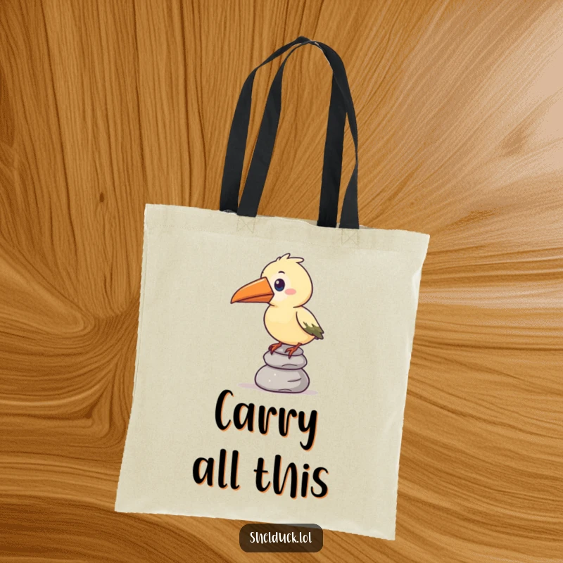 Funny tote bag with a stylized bird and an oversized beak humorously balancing a stack of pebbles, practical and amusing.