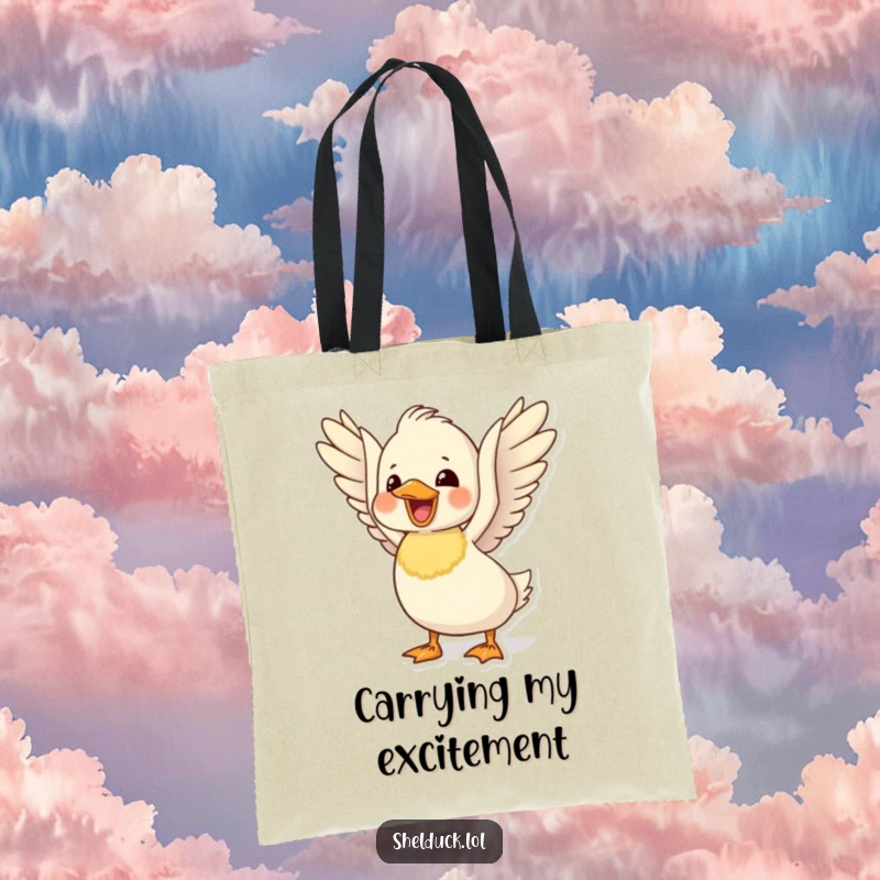 Funny delighted shelduck tote bag with a cute bird flapping its wings, perfect for carrying items with cheer.