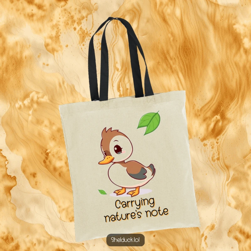 Funny Tote Bag featuring a curious shelduck character tilting its head at a floating leaf.