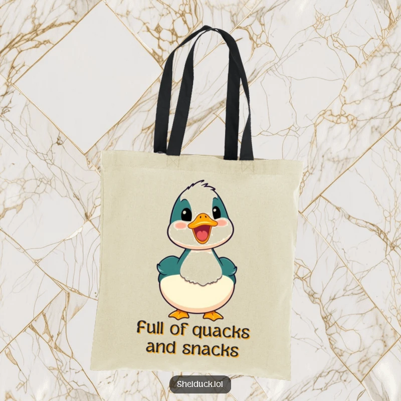 Funny shelduck tote bag featuring a bird with its mouth open in a happy quack, ideal for carrying essentials with a smile.