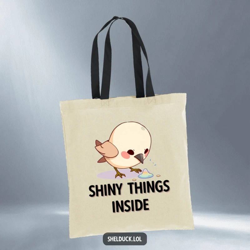 Funny bird character with intense focus pecking at a shiny object, illustrated on a tote bag.