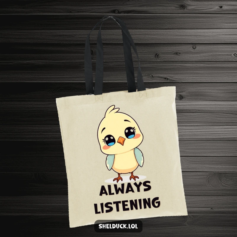 Funny tote bag depicting a comical bird with a charming head tilt, ideal for carrying items and spreading amusement.