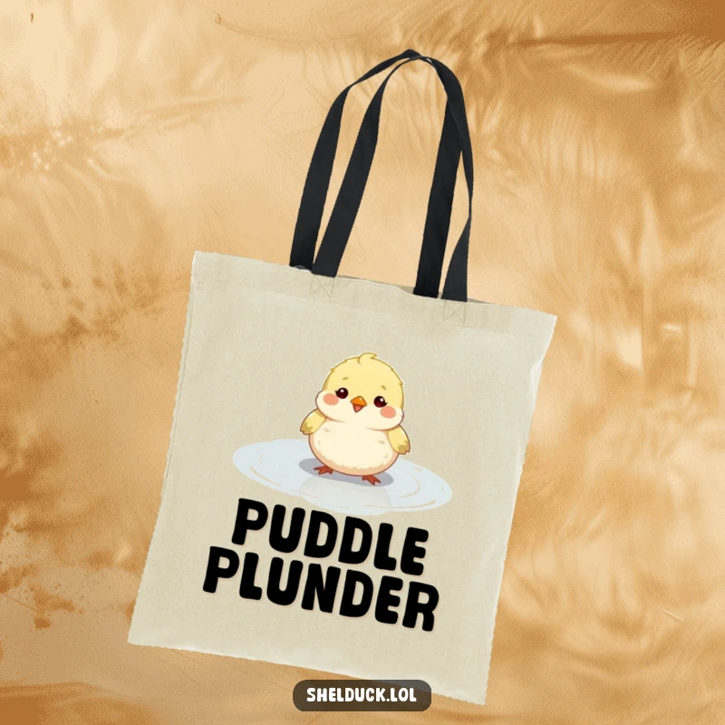 Funny small round bird tote bag, fluffy, happily bobbing in a shallow puddle, cute animal, unique funny gift.