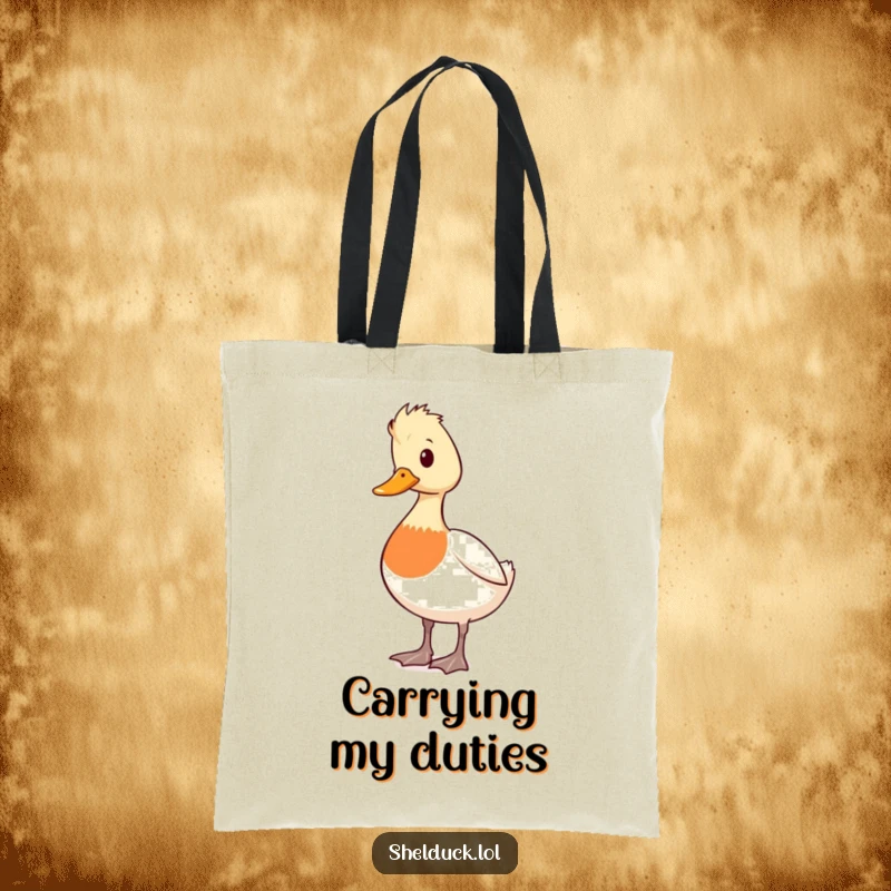 Funny shelduck tote bag with a cute duck character standing tall and alert, observing its surroundings with a keen eye.