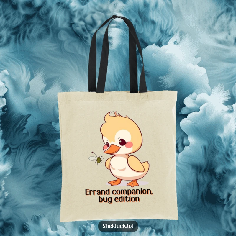 Funny shelduck tote bag showing a bird curiously watching a bug, versatile and humorous for everyday use.