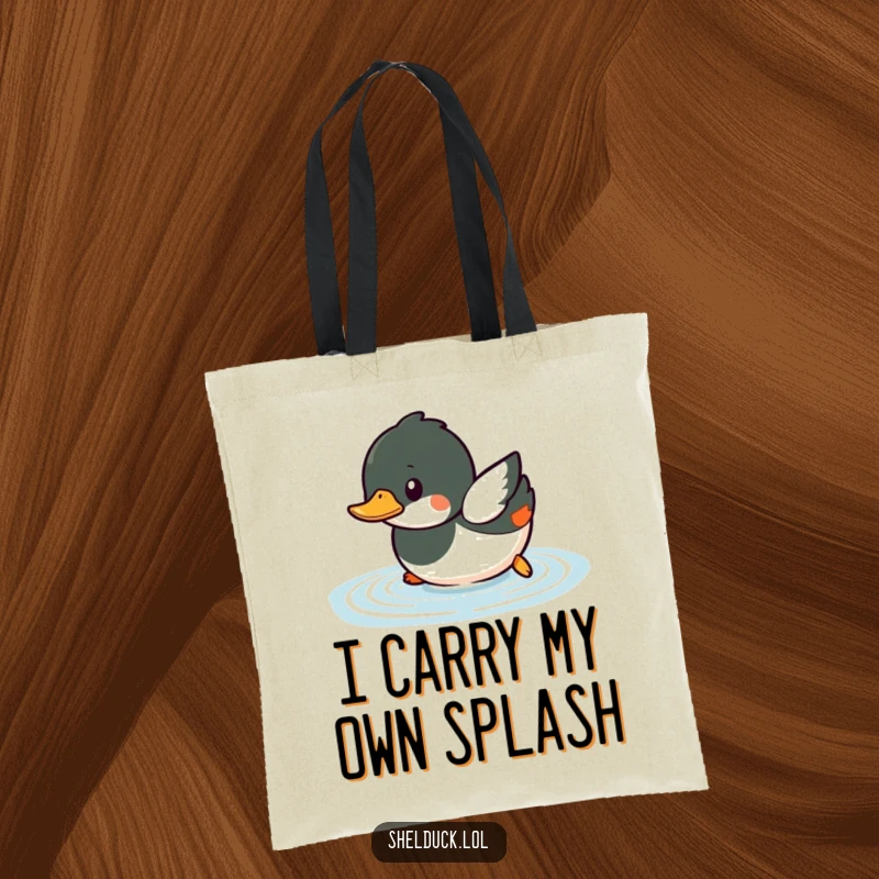 Funny shelduck tote bag featuring a small shelduck bird playfully diving into water with a splash effect.