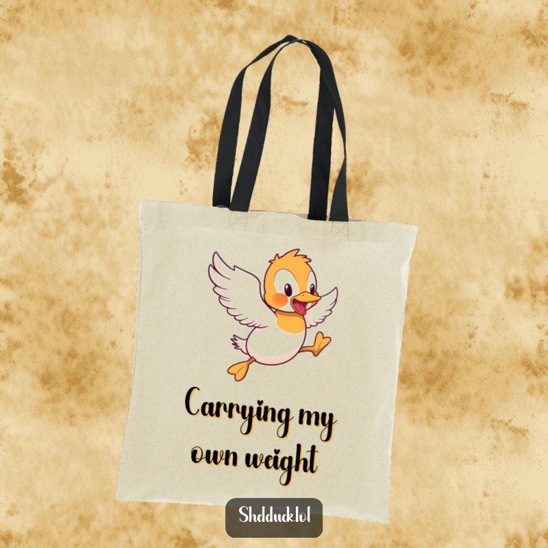 Funny Shelduck Tote Bag: A shelduck bird comically attempting short hops in flight, designed for carrying items with a humorous twist.