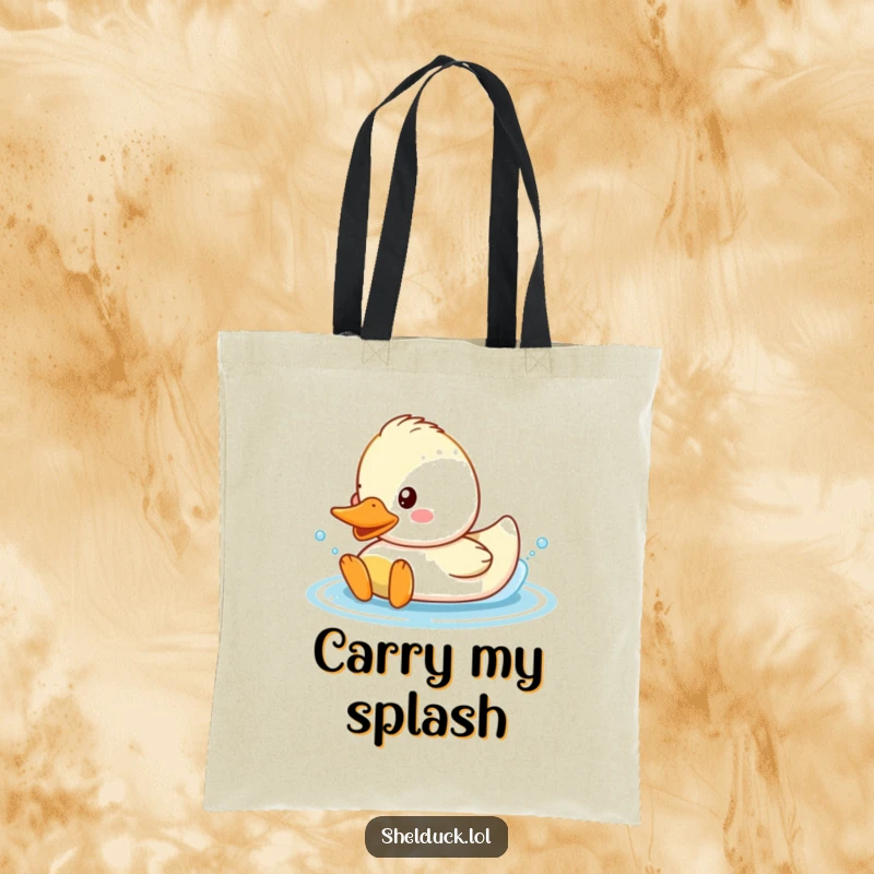 Funny Shelduck Tote Bag with a cute duck happily splashing in water with infectious energy.