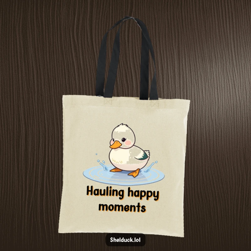 Funny shelduck tote bag featuring a cute bird playfully splashing water in a puddle, a humorous and practical accessory for everyday use