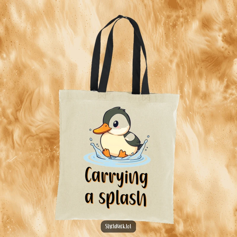 Funny shelduck tote bag, playful bird splashing water with beak, aquatic accessory, humorous tote bag, great gift.