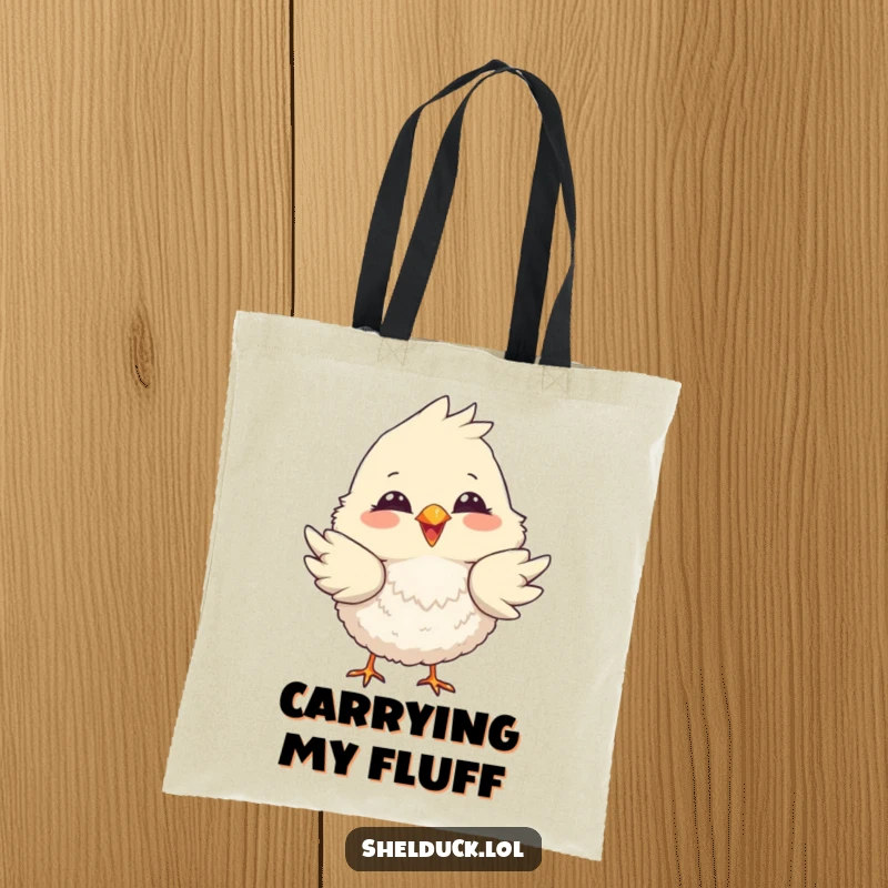 Funny tote bag featuring a fluffy bird with a big smile, playfully dipping its tail feathers with a cheerful gesture.