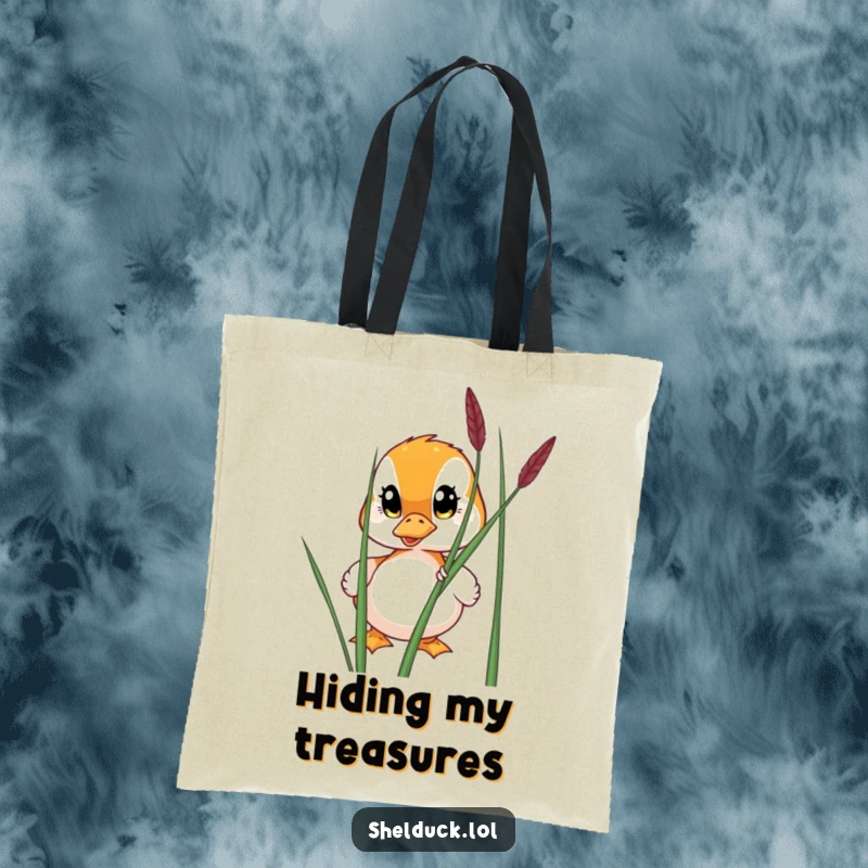 Funny tote bag with a shelduck and wide eyes peeking from behind a reed, perfect for carrying discoveries with curiosity.
