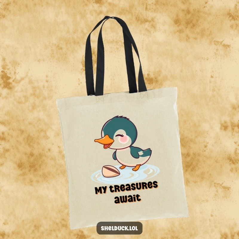 Funny Shelduck Diving Tote Bag: A humorous tote with a shelduck diving for a shell, an ideal funny gift.