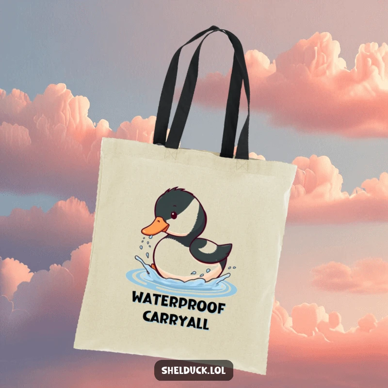 Funny tote bag with a shelduck bird playfully splashing water with its beak, ideal for carrying joy and essentials.